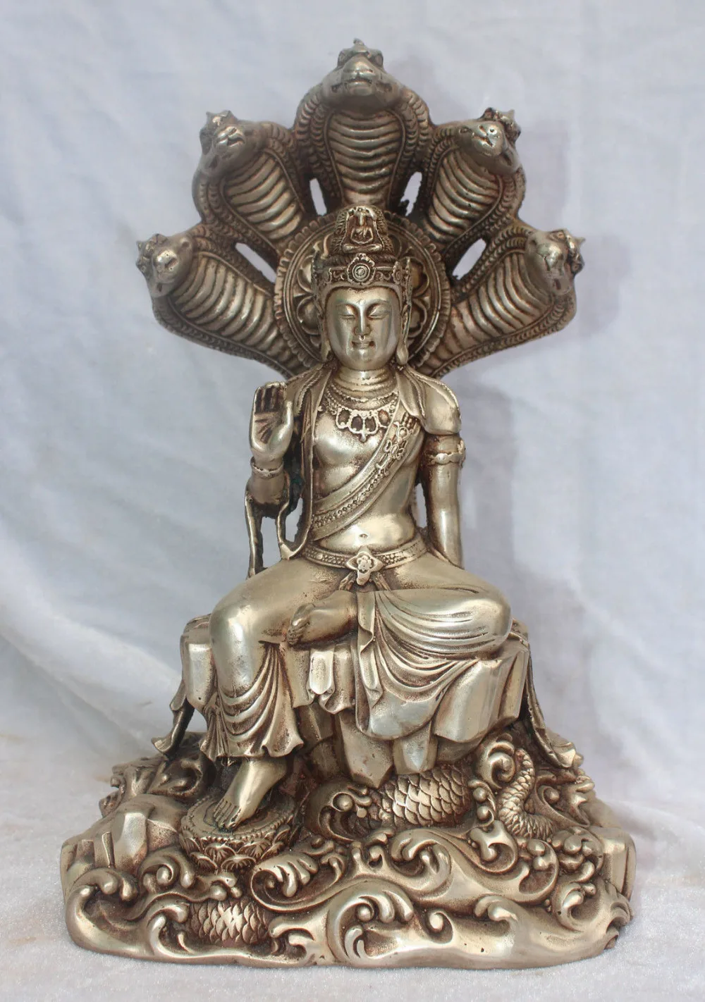 

12" Tibet Buddhism Silver 5-Heads Snake Naga Kanya God Buddha Kwan-yin Statue