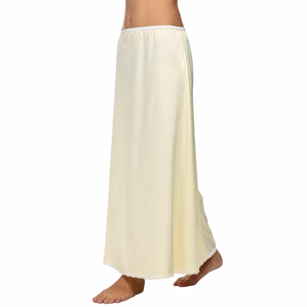 Satin Underskirt Women Lace Trim Long Half Slips Female Loose Elastic Waist Underdress Skirt Nightwear Lingerie White Black L2