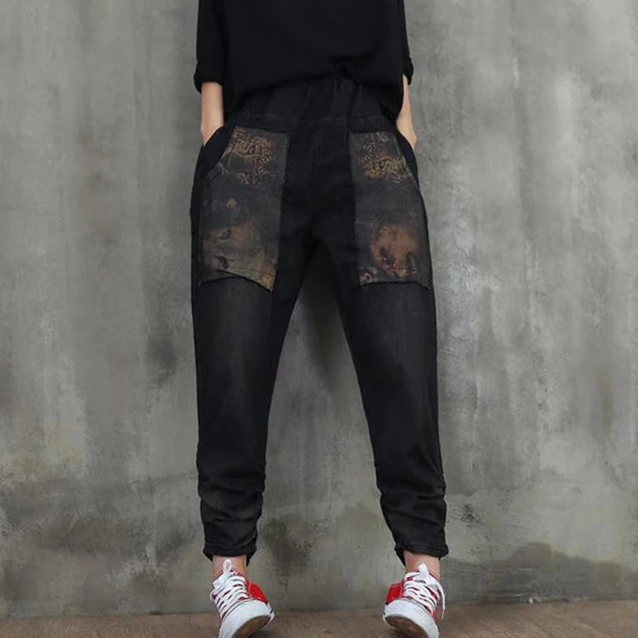 

Womens Denim Harem Pants Bottoms Trousers for Ladies Thick Big Loose Patched Pockets Embroidery Casual Vintage Fashion 804048