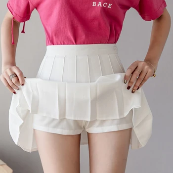

Women Fashion High Waist Skirts Summer Tennis Pleated Skirts 2019 Pure Color A-Line Mini Vestidos with Anti Exposure Shorts