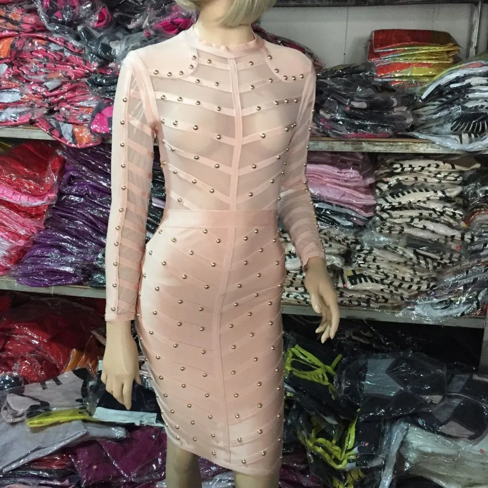 army-green-black-long-sleeve-mesh-sexy-party-women-beading-bandage-Dress