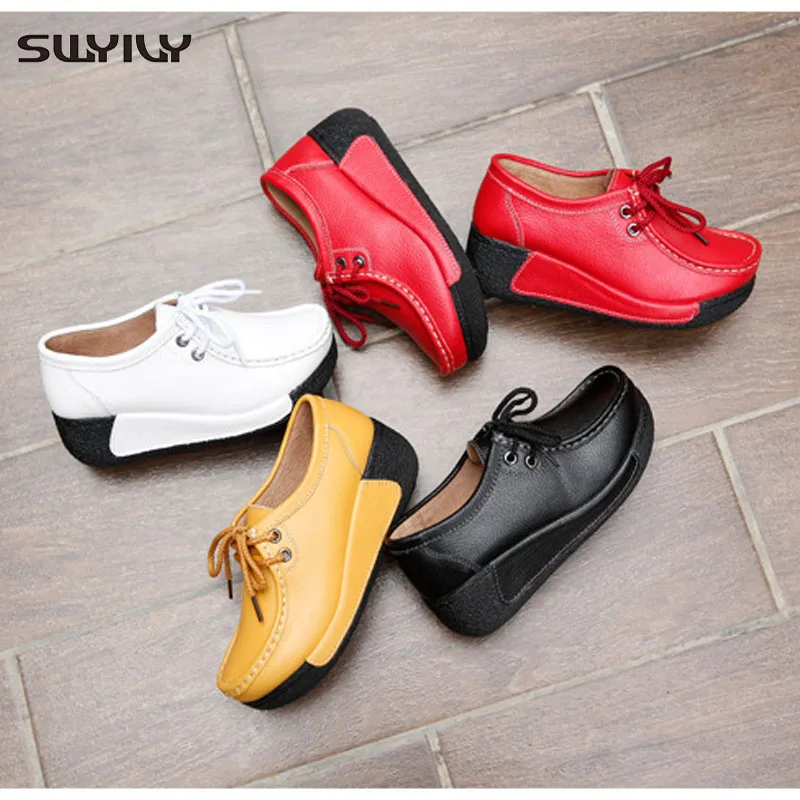 SWYIVY Genuine Leather Chunky Heels Sneakers For Woman Red/white/black Sneakers  Wedge Shoes Female Spring Casual Shoes