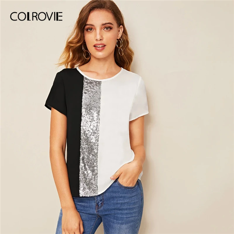 

COLROVIE Black and White Sequins Contrast Cut and Sew Casual Blouse Shirt Women 2019 Summer Colorblock Ladies Tops Blouses