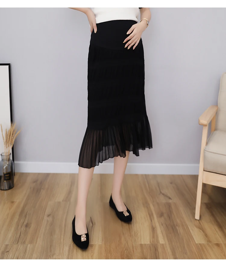 Летняя плиссированная юбка юбки для беременных модная шифоновая одежда для ухода за животом трапециевидная плиссированная юбка с высокой талией черная одежда для беременных C834