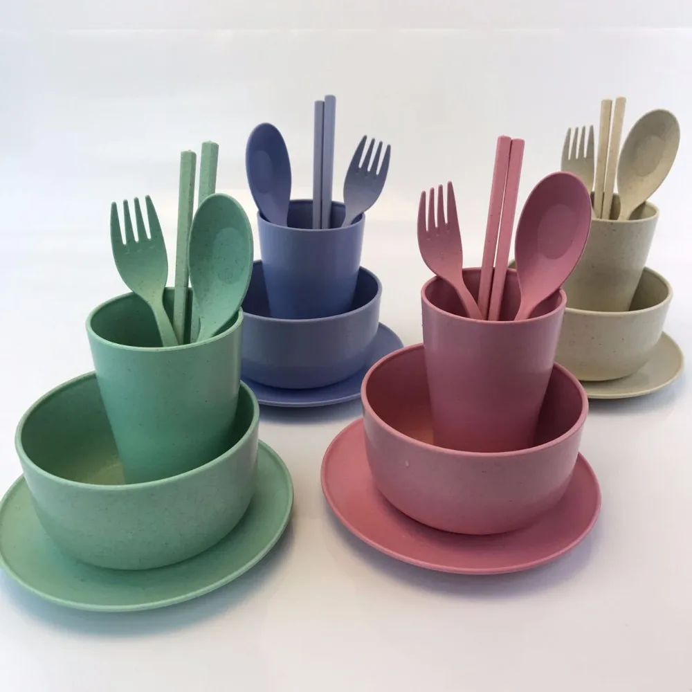 6in1 Fork Spoon Bowl Dish Plate Eco Friendly Wheat Straw Dinnerware Set