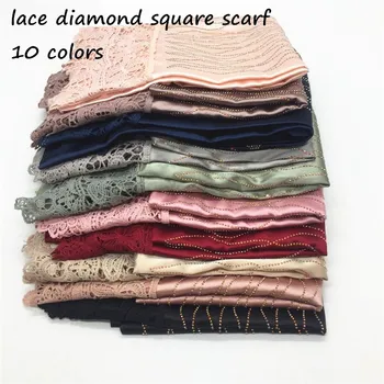 

Diamond two side lace shawl plain solid silklike stain women square scarf kerchief foulard Muslim hijabs wraps 10pcs/lot