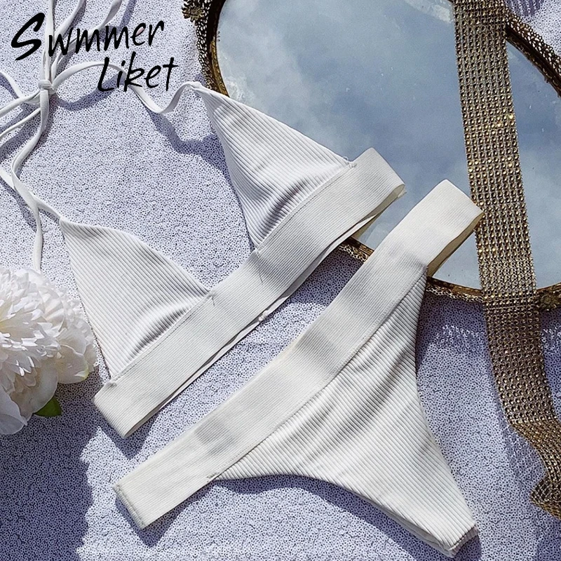 

Sexy thong bikini 2019 Ribbed brazilian swimsuit female bathers Triangle push up swimwear White halter bathing suit women new