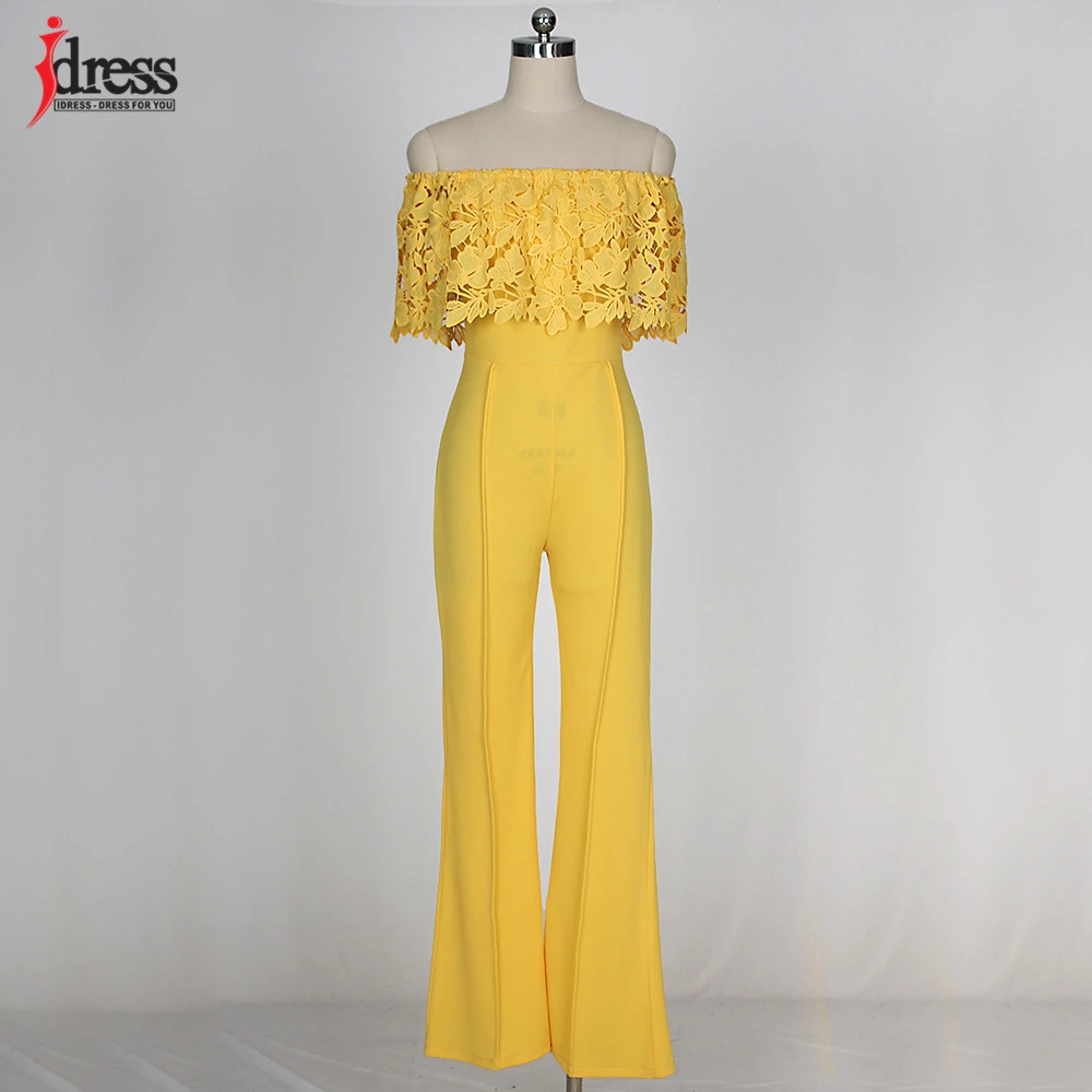 IDress Lace Crochet Rompers Women Jumpsuit Sexy Strapless Bodycon Jumpsuit Wide Leg Black White Yellow Long Pant Romper Overalls (9)