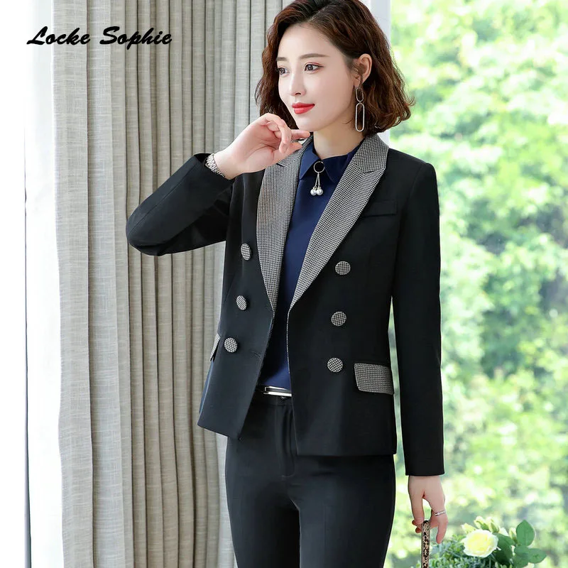 Women's Plus size Blazers coats 2019 Autumn cotton blend Splicing Double-breasted Small Suits jackets ladies Skinny Blazers Suit