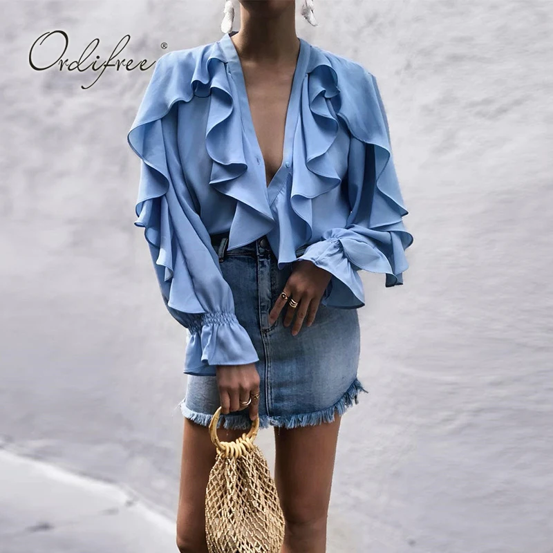 

Ordifree 2019 Summer Women Ruffle Chiffon Blouse Top Streetwear Long Sleeve Blue Sexy Female Blouse Shirt
