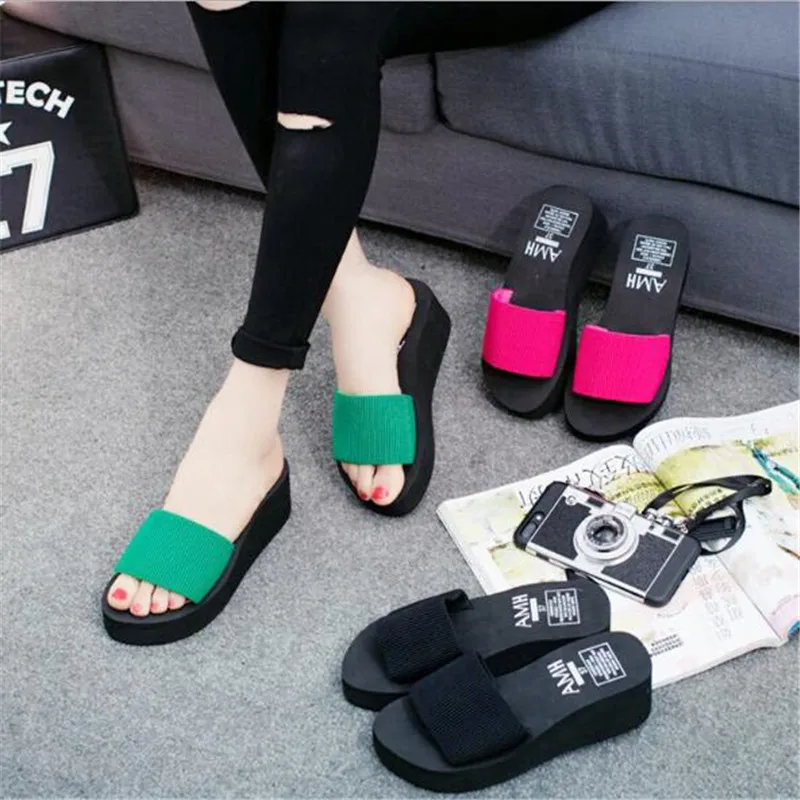 

Summer Sweet Women High Heel Flip Flops Slippers Wedge Platform Beach Home Flat Slipper Female Sandals Black/Green/Rose