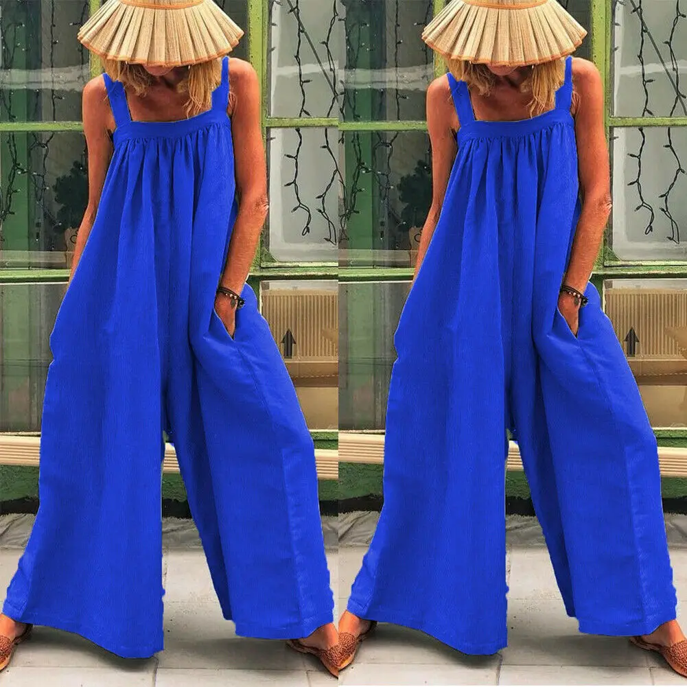 Women Loose Baggy Jumpsuit Dungarees Playsuit Romper Ladies Casual Wide Leg Trousers Summer Holiday Clothing - Color: Blue