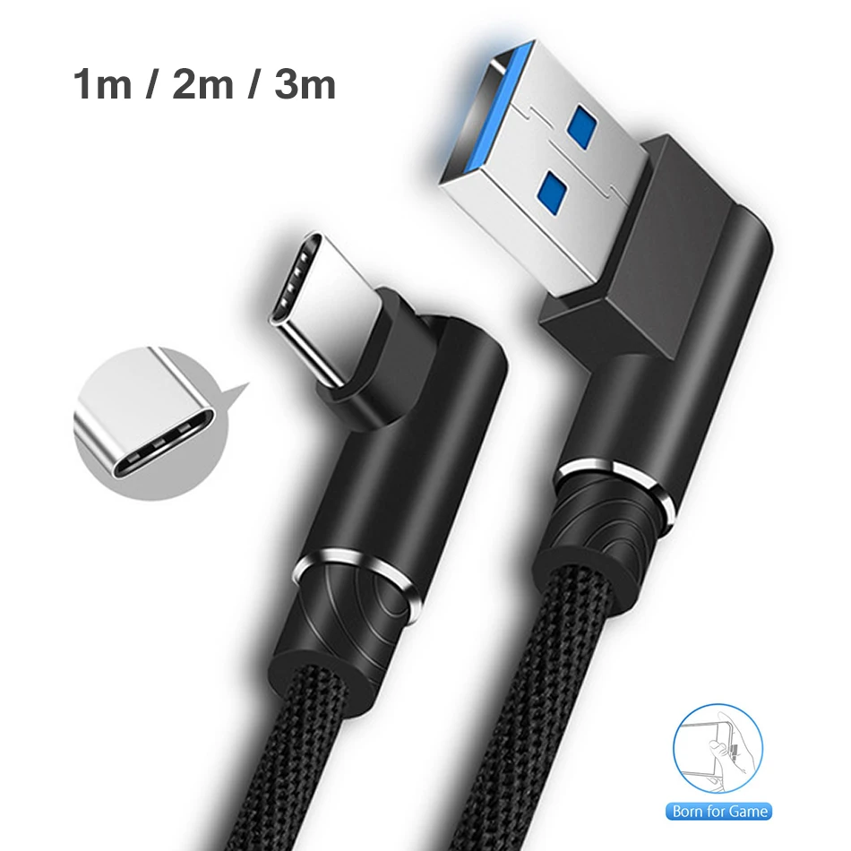 

USB Type C Cable 90 Degree Gaming Fast Charging mobile Android Data Sync for Samsung Galaxy Note S9 S8 Plus Nylon Braided Cord