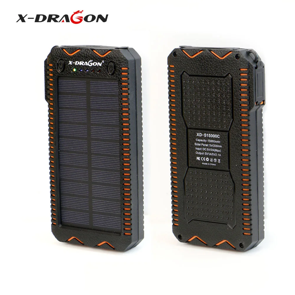 X-DRAGON Waterproof Solar Power Bank 15000 mAh Portable Solar Charger with Cigarette Lighter, SOS Strobe LED Lighting.