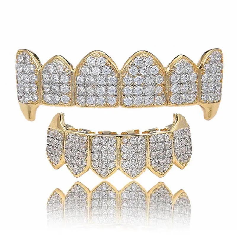 

Hip Hop Teeth Grillz Iced Out AAA Zircon Top & Bottom Tooth Set For Men Women Vampire Tooth Grillz Jewelry