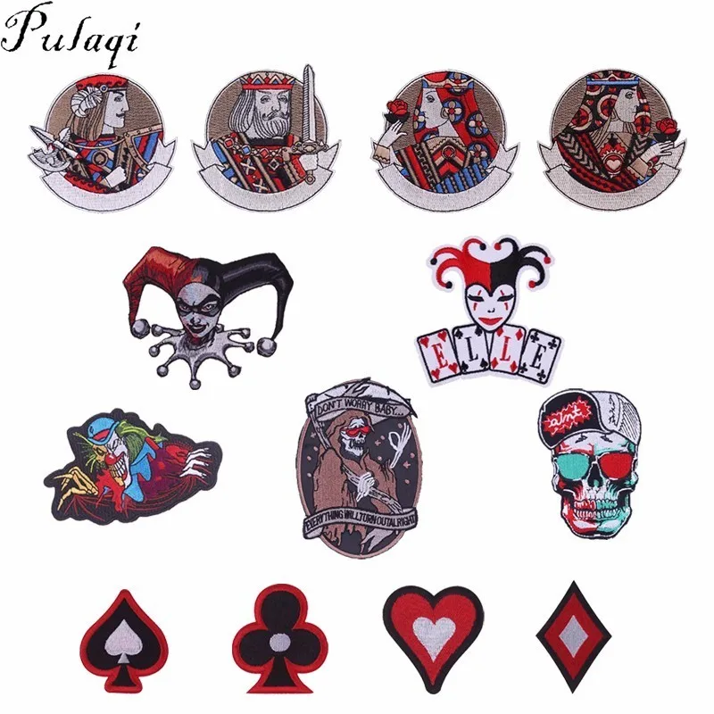 

Pulaqi Poker King Queen Clown Iron On Patches For Clothing Jacket Skull Embriodered Patch DIY Decoration Stickers For T-shirt F
