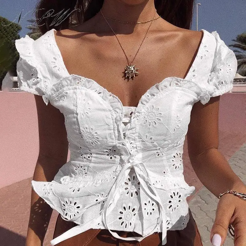 NLW Fashion Embrodiery White Women Crop Tops and Blouse 2019 Summer Casual Ruffle Lace up Shirt Female Sexy Hollow out Blusa |