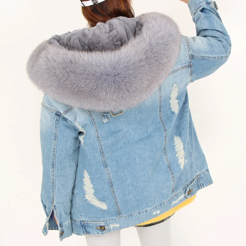 Зимняя куртка для женщин, настоящее меховое пальто; парка с воротником из меха енота, Рекс, кролик, лайнер, джинсовая куртка, уличная мода
