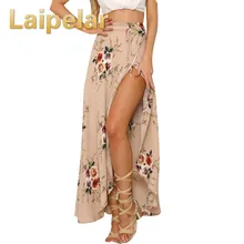Women White Irregular Long Skirt 2018 Summer Boho Vintage Floral Print Side Slit Wrap Maxi Skirt Girl Waist Skirts Female plunge floral print side slit jumpsuit