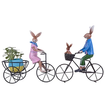 

3 Pieces Family Rabbit Potted Ornaments Resin Animal With Bike Model Statue Figurine Micro Crafts Miniatures Home Garden Decor