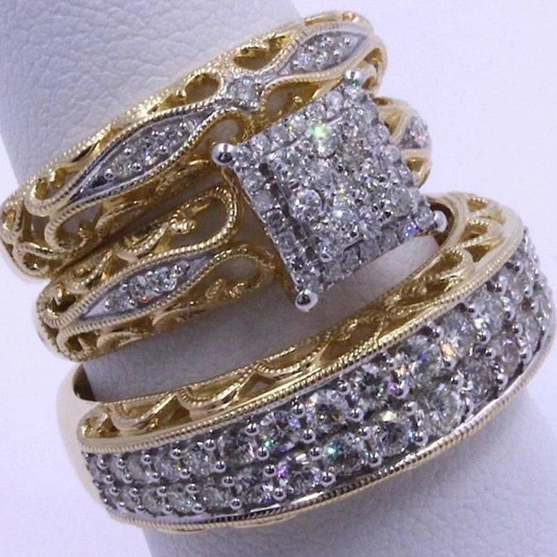 

Luxury Brand 3 pcs/set Gold and Silver Color Hollow Ring Set Big Square Cubic Zircon Wedding Ring For Men Women Jewelry Z5M183
