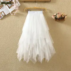 Тюлевая юбка средней длины Женская эластичная сетка с высокой талией Длинная тонкая накидка плиссированная юбка женская элегантная