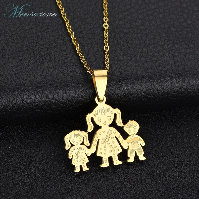

MENSAZONE Trendy Style Stainless Steel Family Pendant Necklace 2 Colors MaMa Boy And Girls For Gift Kettingen Voor Vrouwen