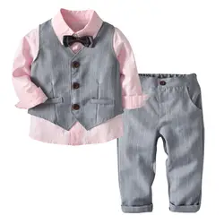 Новый Зимний комплект для мальчиков, детская одежда, детская розовая рубашка с длинными рукавами + штаны + серый жилет + галстук, комплекты