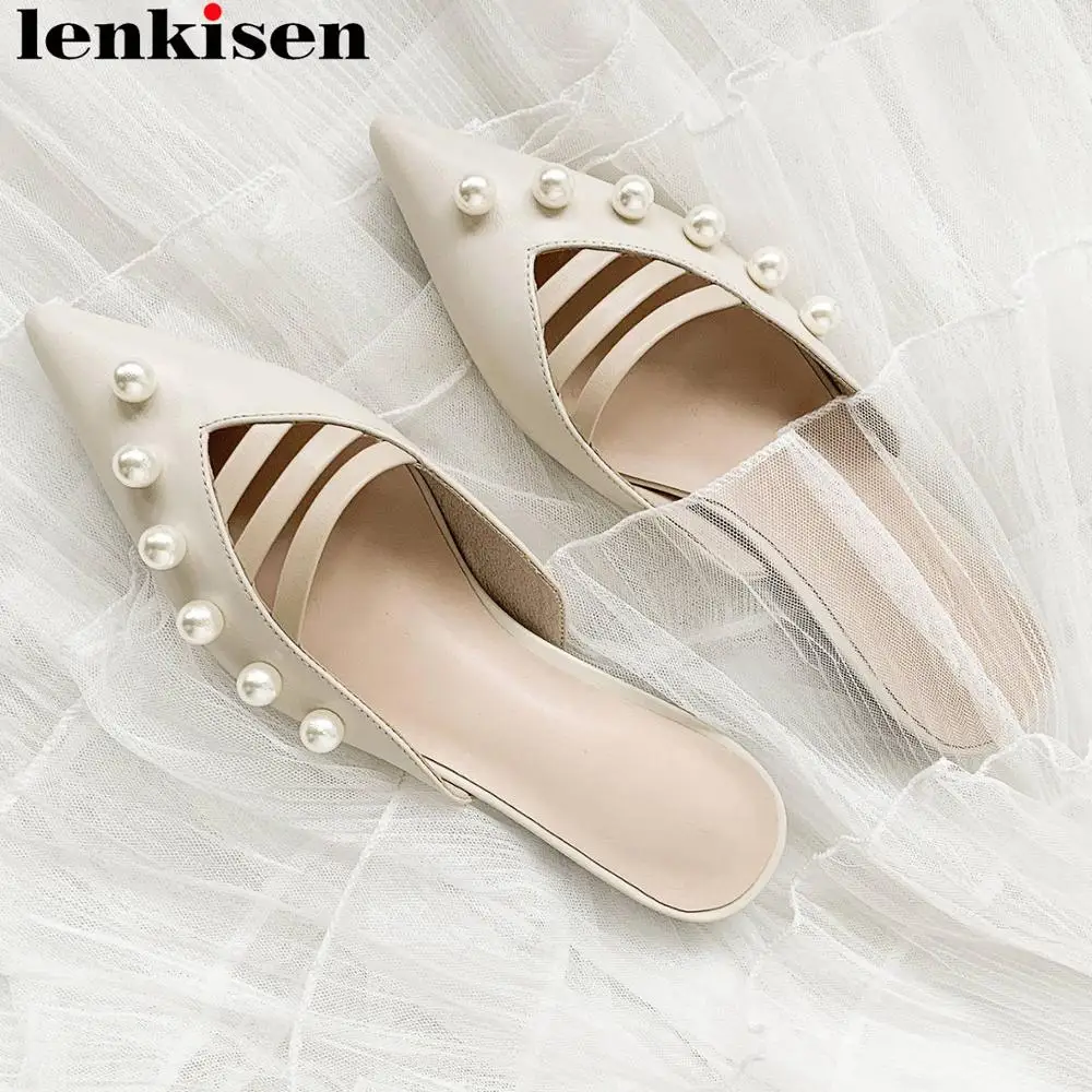 

Lenkisen full grain leather pearl decoration slip on mules pointed toe women pumps fairy princess style low heels suit shoes L68