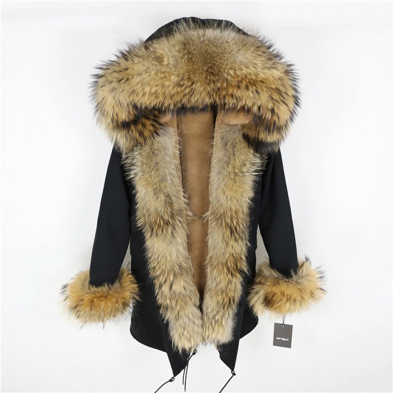 Brand Real Fur Coat Fashion Winter Jacket Women Natural Real Fox Fur Collar Loose Long Parkas Big Fur Outerwear Detachable - Цвет: black natural 0