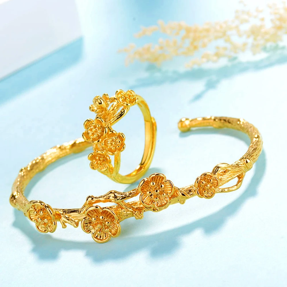 

Flower Shaped Exquisite Bangles Bracelet Yellow Gold Filled Bracelet+Ring Accessories