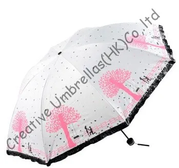 

Imitation paradise ,three fold, lacing fringe,hand open,windproof,bag parasol,UV protecting,black coating,any pantone colour