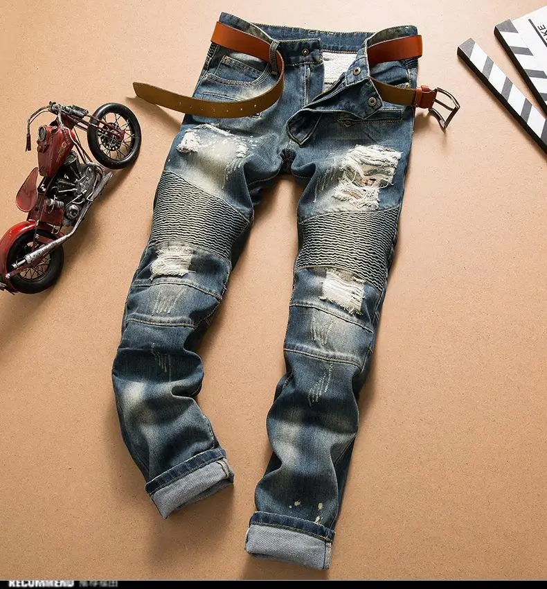 Европа Америка прилив отверстие плиссированные мотоциклетные байкерские джинсы Homme Тонкий прямые джинсы бренд рваные джинсы мужские
