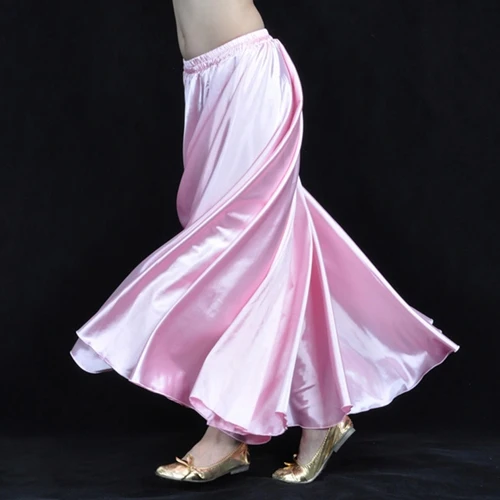 16 цветов доступны атласные танец живота Профессиональная женская одежда для танца живота полные юбки-солнце юбки фламенко плюс размер - Цвет: Pink