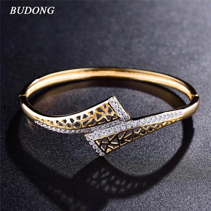 

BUDONG New Fashion Hollow Indian Love Bangle for Women Silver/Gold-Color Bracelet White CZ Zircon Engagement Jewelry XUZ042