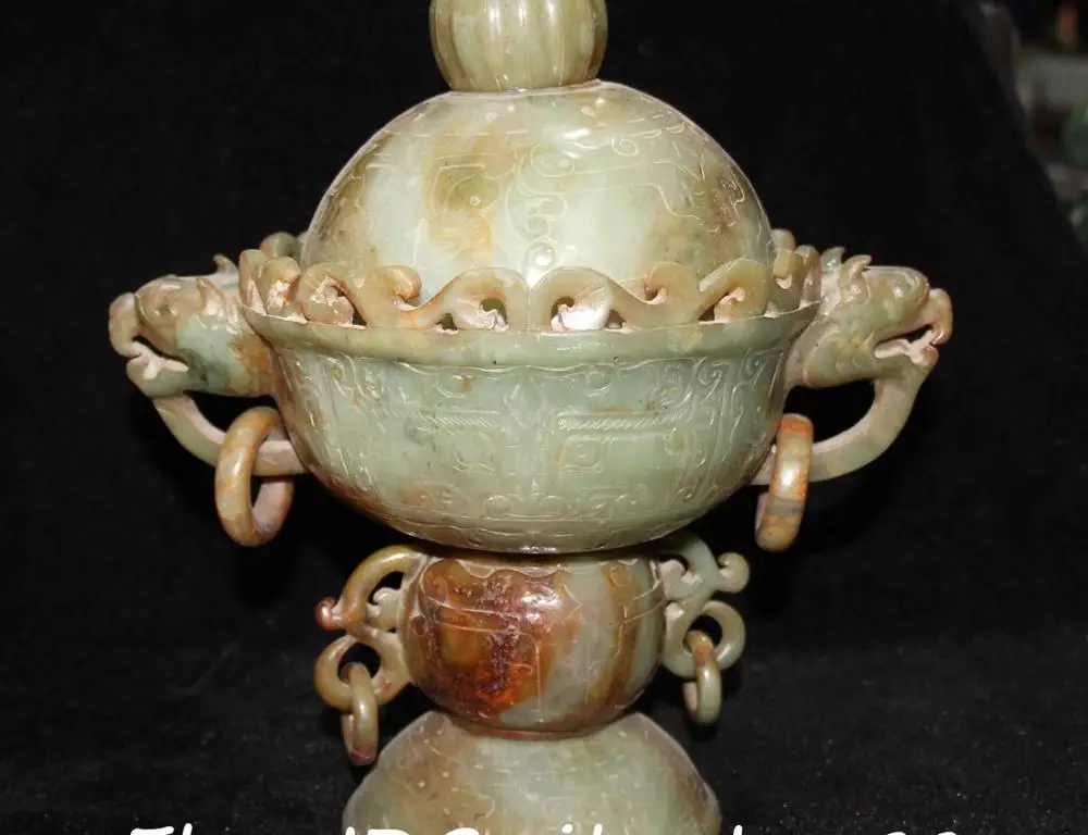 

11" Pure Hand Xinjiang Hetian Jade Dragon Head Incense Burner Censer Incensory