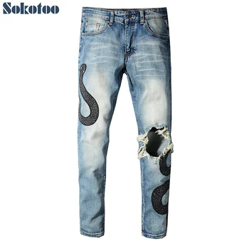 

Sokotoo Men's snake embroidery patch design blue ripped jeans Slim skinny light blue stretch distressed denim pants