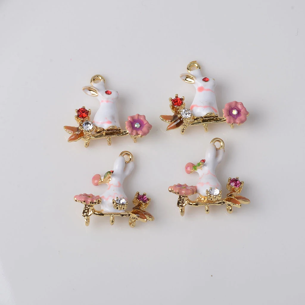 4Pcs Rhinestone Decorated Easter Rabbit with Flower for Hanging Charms Pendants /Earring Findings Crafts/Necklace Bracelets DIY