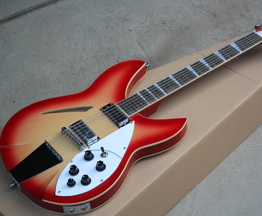 

Factory Custom Semi-Hollow Cherry Sunburst Electric Guitar with 12 Strings,iron Tailpiece ,White Pearl Fret Inlay,be Customized