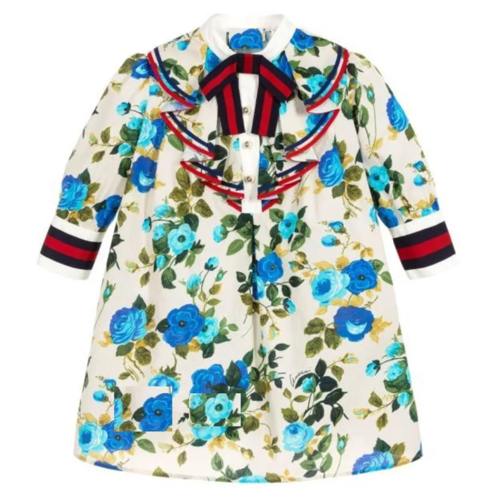 

2019 Fashion Summer Girl Party Dress Blue Flower Princess Dress High-grade Children With Bow Dresses for Girl kids
