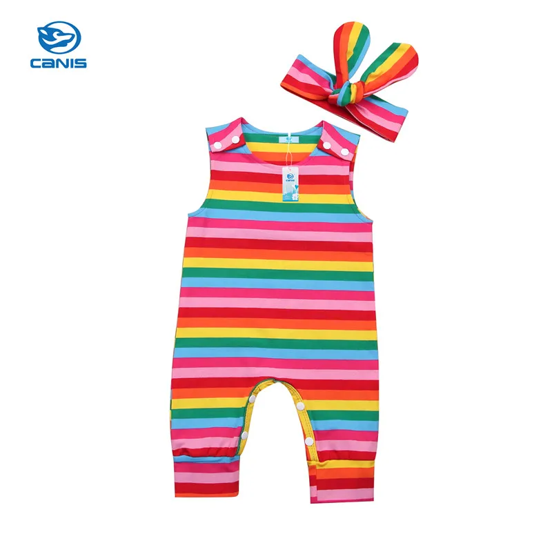 

Summer Brand Cute Cotton Romper Headband 2pcs Baby Boy Girls Clothes Infant Jumpsuit Rainbow Striped Outfit Newborn Clothing Set