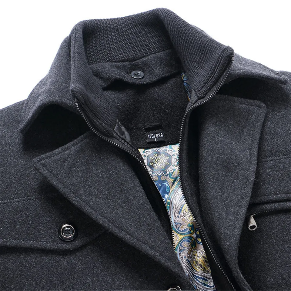 Mens Fashion Boutique Wool Pure Color Business Standing Collar Woolen Dust Coats / Male Quality Slim Leisure Trench Coats