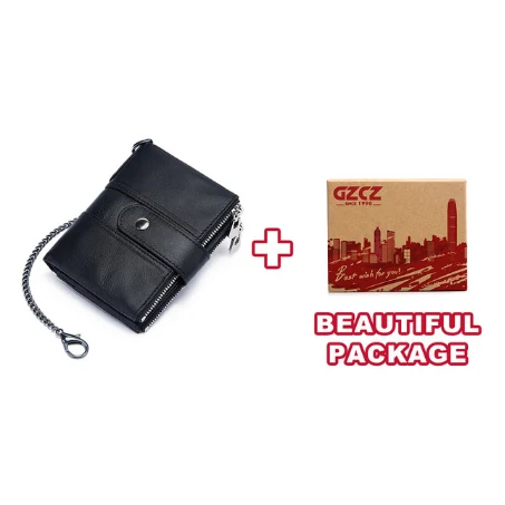 GZCZ мужской кошелек из натуральной кожи модные маленькие мужские бумажники-зажимы для денег мужской кошелек на молнии Poucht Rfid кошелек Portomonee - Цвет: Black-Chain-BOX