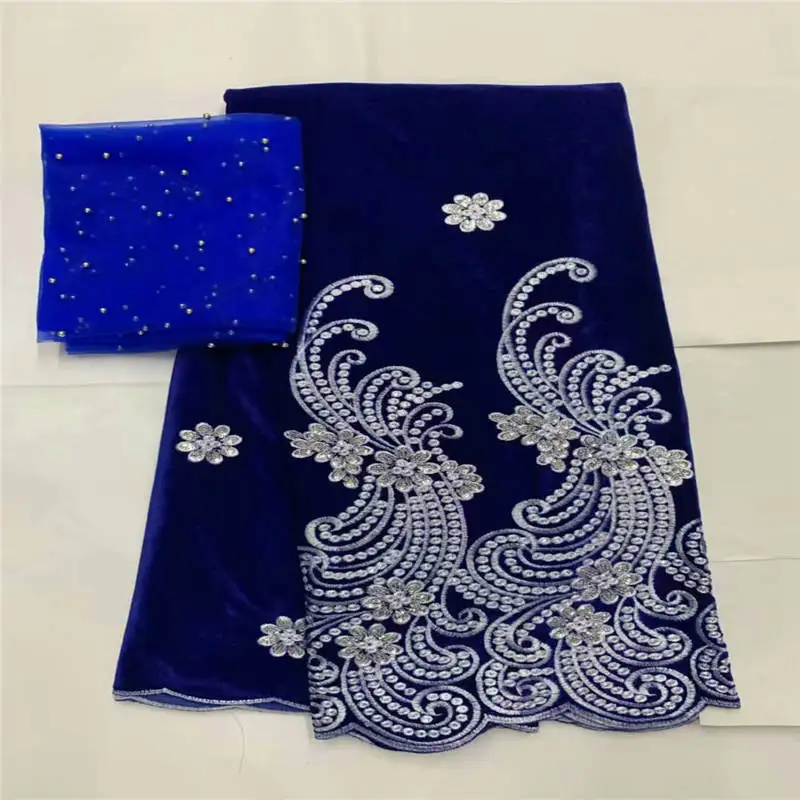 Высокое качество, бархатная кружевная ткань, Африканское кружево, 5 ярдов с 2 ярдами, швейцарская вуаль, кружевная ткань для одежды/свадебного платья! LXF632 - Цвет: Королевский синий