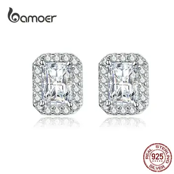 

bamoer Luxury Wedding Square Stud Earrings for Women 925 Sterling Silver Clear CZ Engagement Statement Jewelry Gifts BSE195