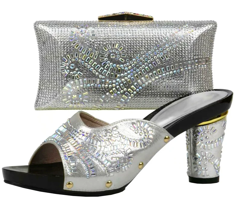 

Aso ebi shoes bag set in silver color with many stones high heel 4 inches shoes and bag matching set to lady afrian SB8188-4