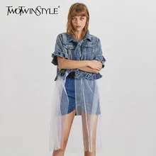 TWOTWINSTYLE летняя сетчатая Лоскутная Женская куртка с лацканами, коротким рукавом, оборками и пуговицами, свободное джинсовое пальто, женская мода, новинка