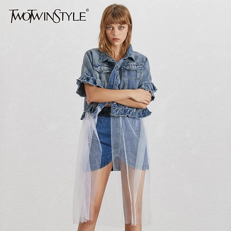 Acheter Deuxtwinstyle été maille Patchwork femmes veste revers à manches courtes volants bouton lâche Denim manteau femme mode 2019 nouveau