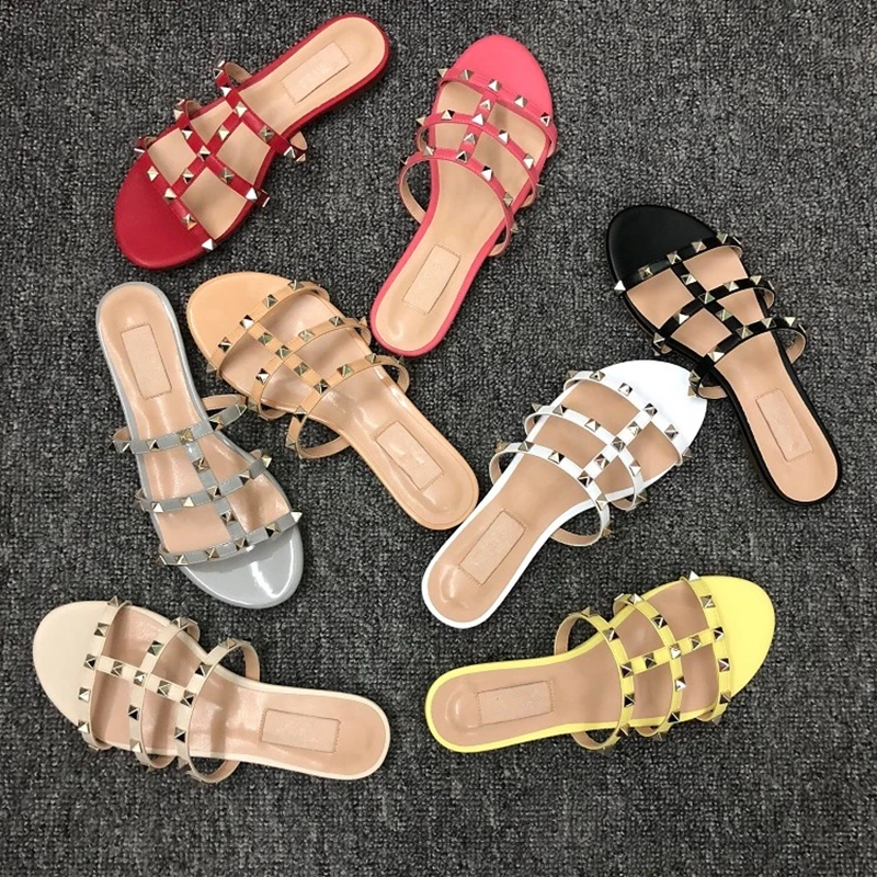 

Fitow New fashion summer rivet women flat Size 34-40 slippers solid round toe rivet flat with women summer slippers