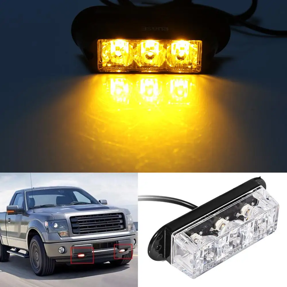 2pcs Yellow 3 LED Strobe Lights 12 24V Super Bright High Power Car